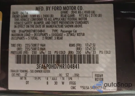 2017 Ford Fusion Se из США, поврежденный, VIN 3FA6P0HD7HR104841